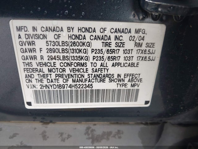 2004 Acura Mdx მანქანა იყიდება აუქციონზე, vin: 2HNYD18974H522345, აუქციონის ნომერი: 45039586