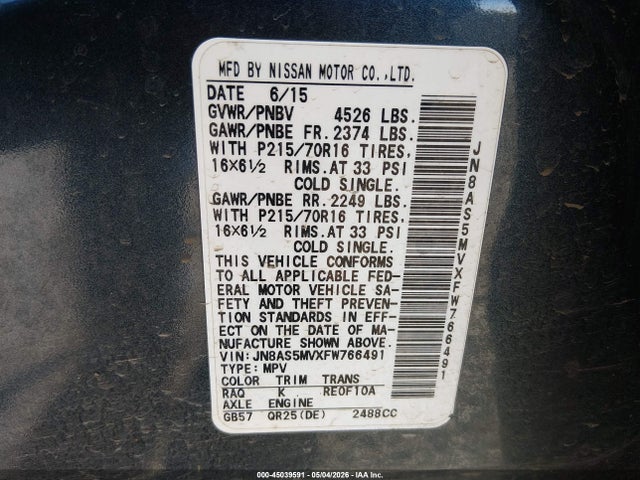 2015 Nissan Rogue Select S მანქანა იყიდება აუქციონზე, vin: JN8AS5MVXFW766491, აუქციონის ნომერი: 45039591