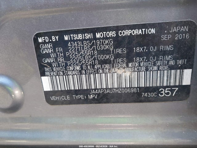 Aukcja sprzedaży 2017 Mitsubishi Outlander Sport 2.0 Es, vin: JA4AP3AU7HZ006981, numer aukcji: 45039599