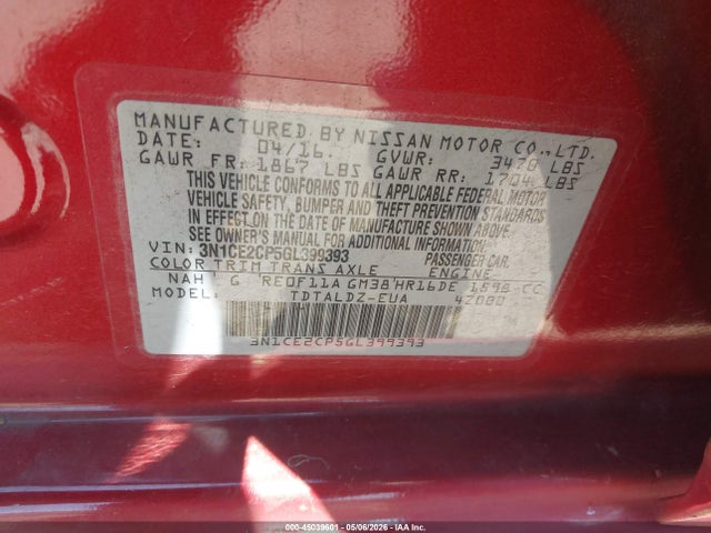 45039601 :رقم المزاد ، 3N1CE2CP5GL399393 vin ، 2016 Nissan Versa Note S (sr)/s Plus/sl/sr/sv مزاد بيع