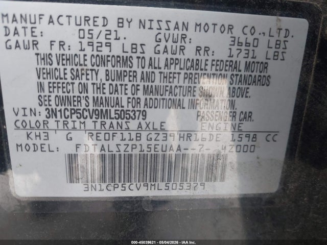 3N1CP5CV9ML505379 Nissan Kicks Sv Xtronic Cvt