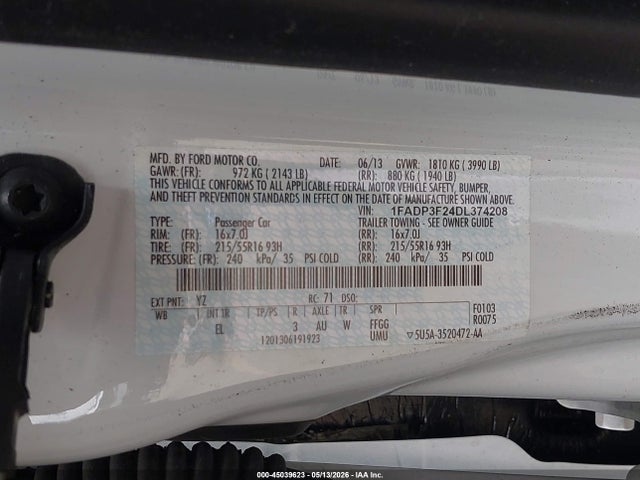 45039623 :رقم المزاد ، 1FADP3F24DL374208 vin ، 2013 Ford Focus Se مزاد بيع