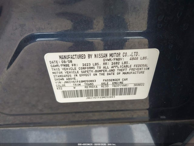 Aukcja sprzedaży 2009 Infiniti G37x, vin: JNKCV61F49M050893, numer aukcji: 45039625