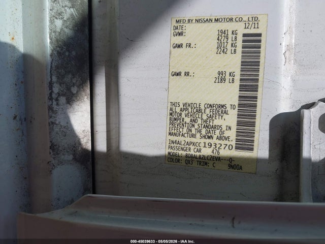 45039633 :رقم المزاد ، 1N4AL2APXCC193270 vin ، 2012 Nissan Altima 2.5 S مزاد بيع