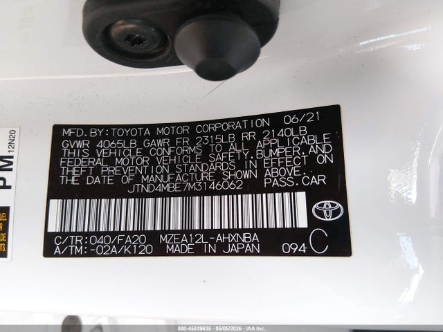 45039635 :رقم المزاد ، JTND4MBE7M3146062 vin ، 2021 Toyota Corolla Se Nightshade Edition مزاد بيع