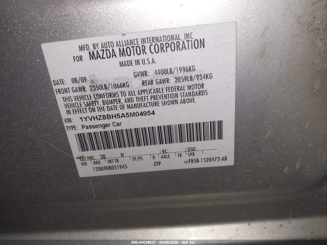 45039637 :رقم المزاد ، 1YVHZ8BH5A5M04954 vin ، 2010 Mazda Mazda6 I Sport مزاد بيع