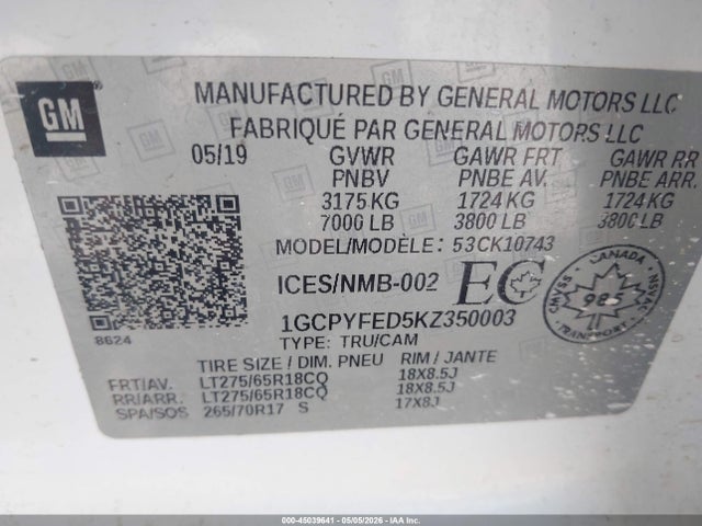45039641 :رقم المزاد ، 1GCPYFED5KZ350003 vin ، 2019 Chevrolet Silverado 1500 Lt Trail Boss مزاد بيع