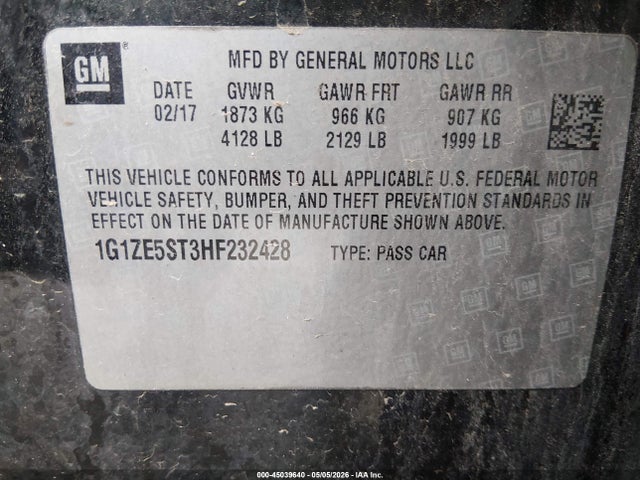 45039640 :رقم المزاد ، 1G1ZE5ST3HF232428 vin ، 2017 Chevrolet Malibu 1lt مزاد بيع