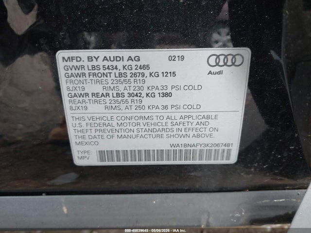 Aukcja sprzedaży 2019 Audi Q5 45 Premium, vin: WA1BNAFY3K2067481, numer aukcji: 45039645