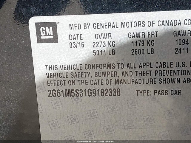 45039651 :رقم المزاد ، 2G61M5S31G9182338 vin ، 2016 Cadillac Xts Luxury Collection مزاد بيع