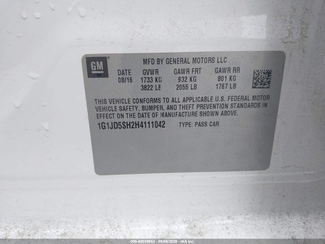 2017 Chevrolet Sonic Lt Auto მანქანა იყიდება აუქციონზე, vin: 1G1JD5SH2H4111042, აუქციონის ნომერი: 45039652