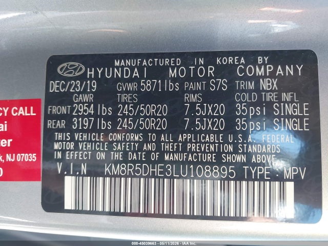 2020 Hyundai Palisade Limited მანქანა იყიდება აუქციონზე, vin: KM8R5DHE3LU108895, აუქციონის ნომერი: 45039663