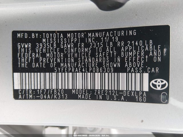 Toyota COROLLA LE 2020 5YFEPRAE4LP086309 Image 9