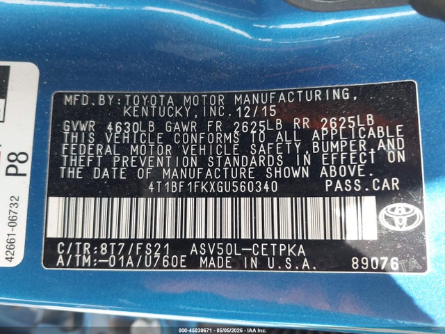 2016 Toyota Camry Se მანქანა იყიდება აუქციონზე, vin: 4T1BF1FKXGU560340, აუქციონის ნომერი: 45039671