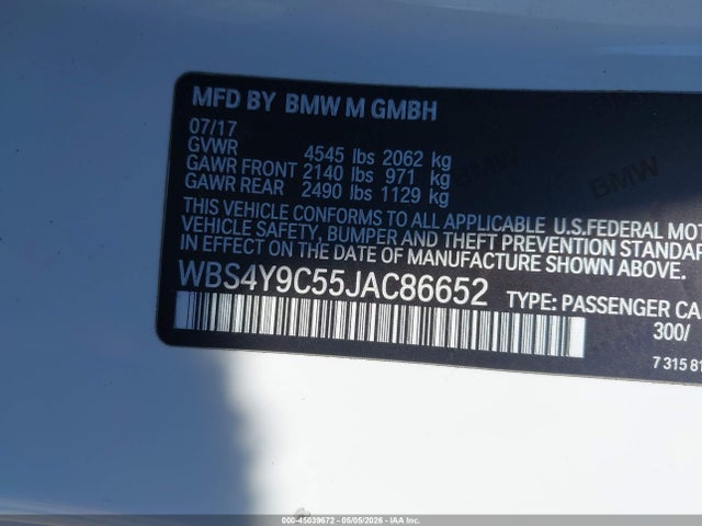 Продаж на аукціоні авто 2018 Bmw M4, vin: WBS4Y9C55JAC86652, номер лоту: 45039672