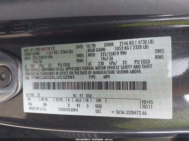 Ford Escape Titanium Hybrid 2020 1FMCU9DZ6LUC32593 Image 9