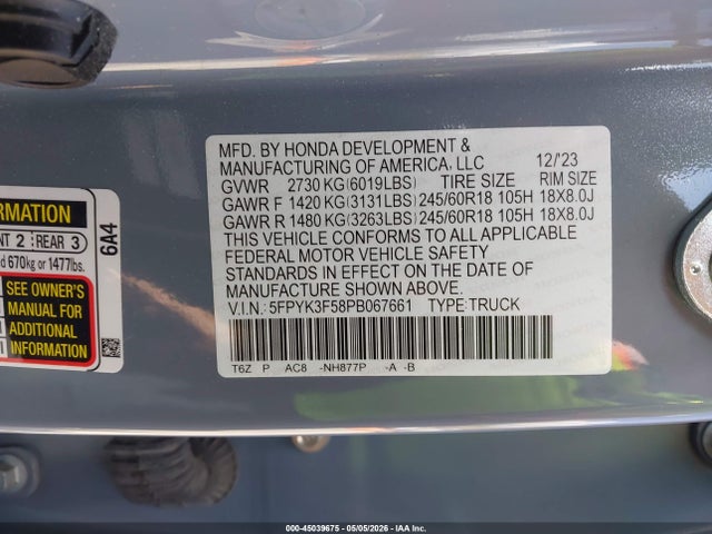 Aukcja sprzedaży 2023 Honda Ridgeline Rtl, vin: 5FPYK3F58PB067661, numer aukcji: 45039675