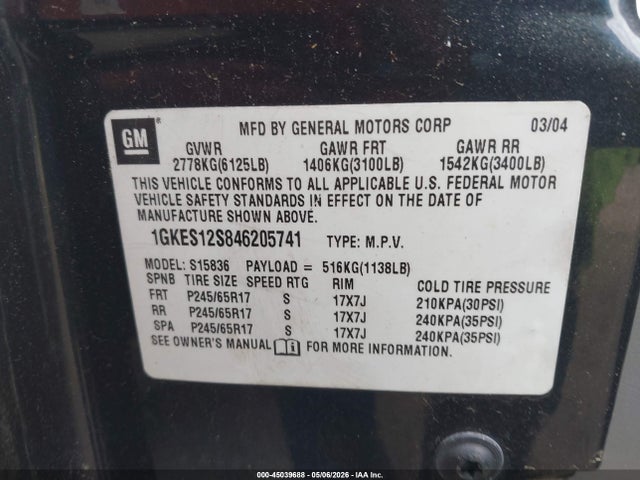 2004 Gmc Envoy Xuv Sle მანქანა იყიდება აუქციონზე, vin: 1GKES12S846205741, აუქციონის ნომერი: 45039688