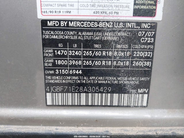 45039693 :رقم المزاد ، 4JGBF71E28A305429 vin ، 2008 Mercedes-benz Gl 450 4matic مزاد بيع