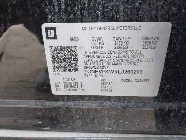 45039702 :رقم المزاد ، 1GNEVFKWXLJ260293 vin ، 2020 Chevrolet Traverse Awd Ls مزاد بيع