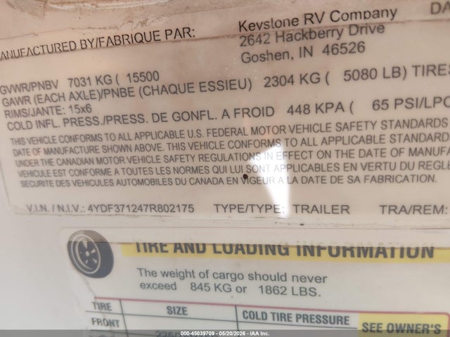 Продаж на аукціоні авто 2007 Keystone Raptor, vin: 4YDF371247R802175, номер лоту: 45039709