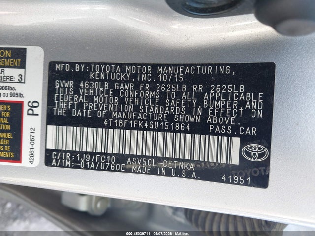 Aukcja sprzedaży 2016 Toyota Camry Le, vin: 4T1BF1FK4GU151864, numer aukcji: 45039711