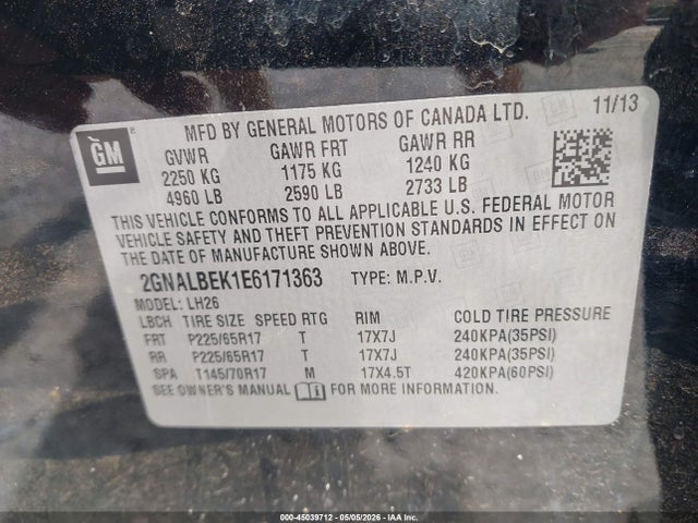 Продажа на аукционе авто 2014 Chevrolet Equinox 1lt, vin: 2GNALBEK1E6171363, номер лота: 45039712