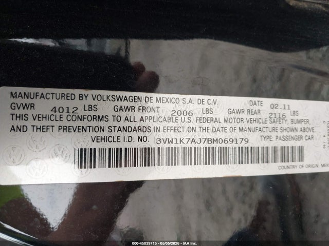 Aukcja sprzedaży 2011 Volkswagen Jetta 2.0l S, vin: 3VW1K7AJ7BM069179, numer aukcji: 45039715
