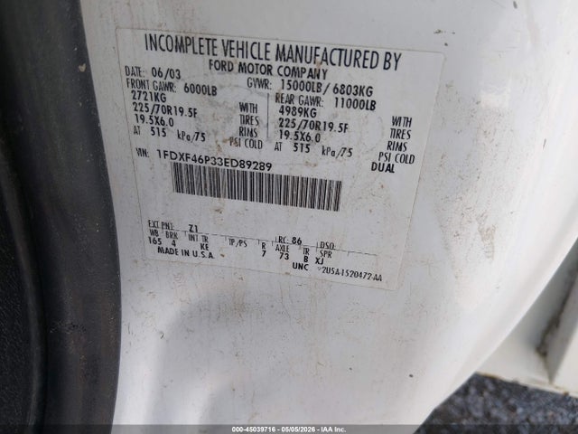 Auction sale of the 2003 Ford F-450 Xl/xlt, vin: 1FDXF46P33ED89289, lot number: 45039716