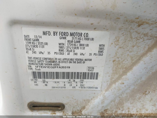 45039726 :رقم المزاد ، 1FTEW1EG2FFA20319 vin ، 2015 Ford F-150 Platinum مزاد بيع