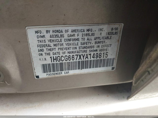 45039733 :رقم المزاد ، 1HGCG667XYA149815 vin ، 2000 Honda Accord 2.3 Ex مزاد بيع