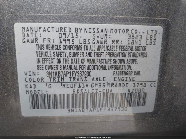 Продаж на аукціоні авто 2015 Nissan Sentra S, vin: 3N1AB7AP1FY337930, номер лоту: 45039734