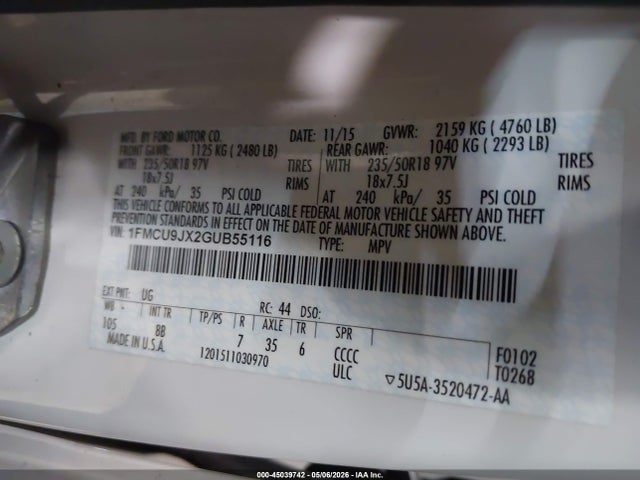 45039742 :رقم المزاد ، 1FMCU9JX2GUB55116 vin ، 2016 Ford Escape Titanium مزاد بيع