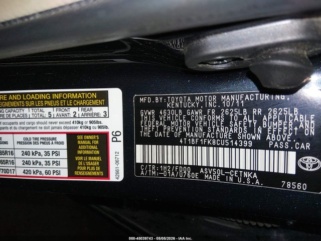 Aukcja sprzedaży 2012 Toyota Camry Le, vin: 4T1BF1FK8CU514399, numer aukcji: 45039743