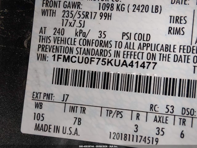45039744 :رقم المزاد ، 1FMCU0F75KUA41477 vin ، 2019 Ford Escape S مزاد بيع