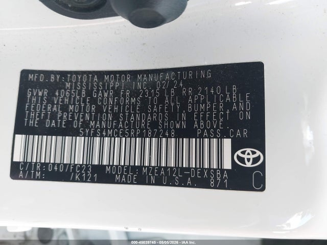 Продаж на аукціоні авто 2024 Toyota Corolla Se, vin: 5YFS4MCE5RP187248, номер лоту: 45039745