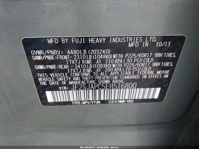 2014 Subaru Forester 2.5i Touring მანქანა იყიდება აუქციონზე, vin: JF2SJAPC5EH516800, აუქციონის ნომერი: 45039747