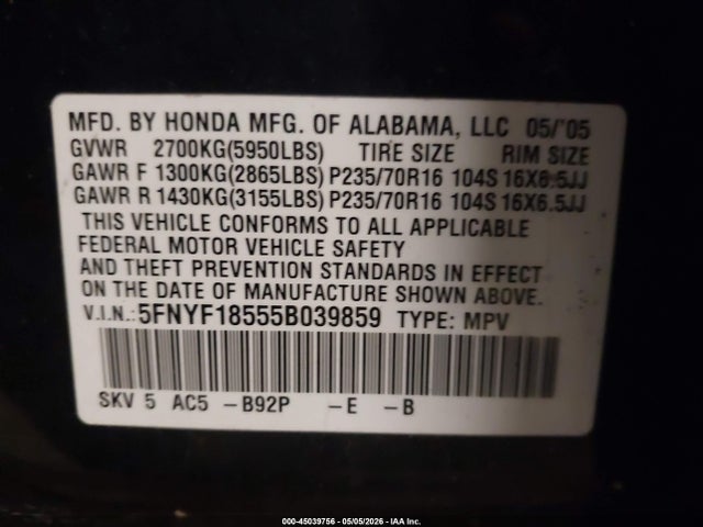 2005 Honda Pilot Ex-l მანქანა იყიდება აუქციონზე, vin: 5FNYF18555B039859, აუქციონის ნომერი: 45039756
