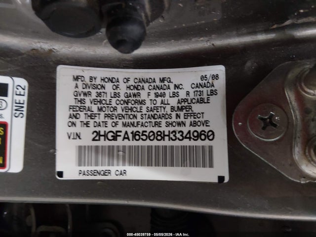 45039759 :رقم المزاد ، 2HGFA16508H334960 vin ، 2008 Honda Civic Lx مزاد بيع