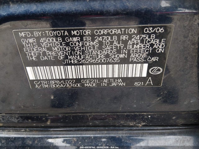 Aukcja sprzedaży 2006 Lexus Is 350, vin: JTHBE262965007635, numer aukcji: 45039764