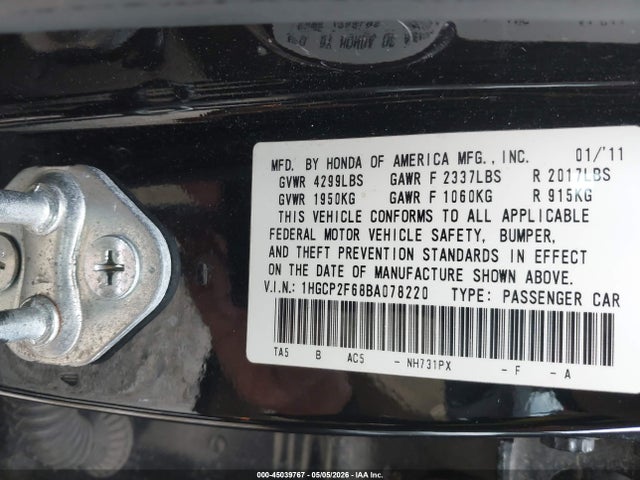 45039767 :رقم المزاد ، 1HGCP2F68BA078220 vin ، 2011 Honda Accord 2.4 Se مزاد بيع