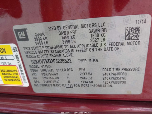 2015 Gmc Acadia Denali მანქანა იყიდება აუქციონზე, vin: 1GKKVTKD3FJ226522, აუქციონის ნომერი: 45039777