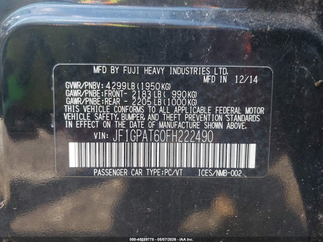 45039778 :رقم المزاد ، JF1GPAT60FH222490 vin ، 2015 Subaru Impreza 2.0i Sport Premium مزاد بيع