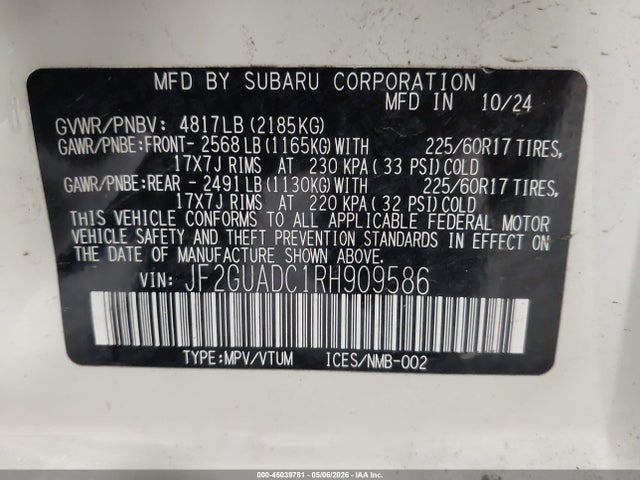 2024 Subaru Crosstrek Premium მანქანა იყიდება აუქციონზე, vin: JF2GUADC1RH909586, აუქციონის ნომერი: 45039781