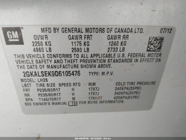 45039796 :رقم المزاد ، 2GKALSEK9D6105476 vin ، 2013 Gmc Terrain Sle-2 مزاد بيع