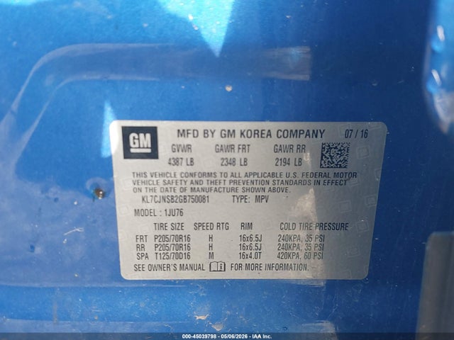 Aukcja sprzedaży 2016 Chevrolet Trax 1ls, vin: KL7CJNSB2GB750081, numer aukcji: 45039798