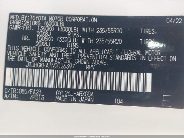 45039801 :رقم المزاد ، JTJHGKFA1N2026397 vin ، 2022 Lexus Rx 450hl مزاد بيع