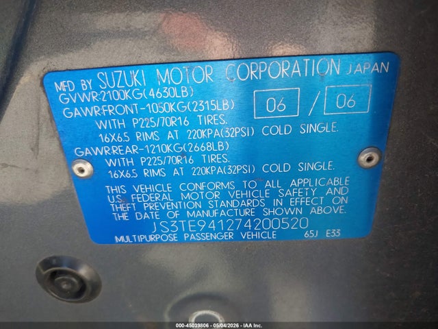 2007 Suzuki Grand Vitara მანქანა იყიდება აუქციონზე, vin: JS3TE941274200520, აუქციონის ნომერი: 45039806