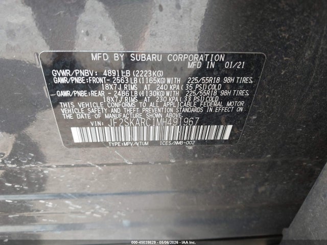 45039829 :رقم المزاد ، JF2SKARC1MH491967 vin ، 2021 Subaru Forester Sport مزاد بيع