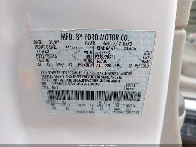 Aukcja sprzedaży 2008 Ford Escape Xlt, vin: 1FMCU93138KA76933, numer aukcji: 45039849